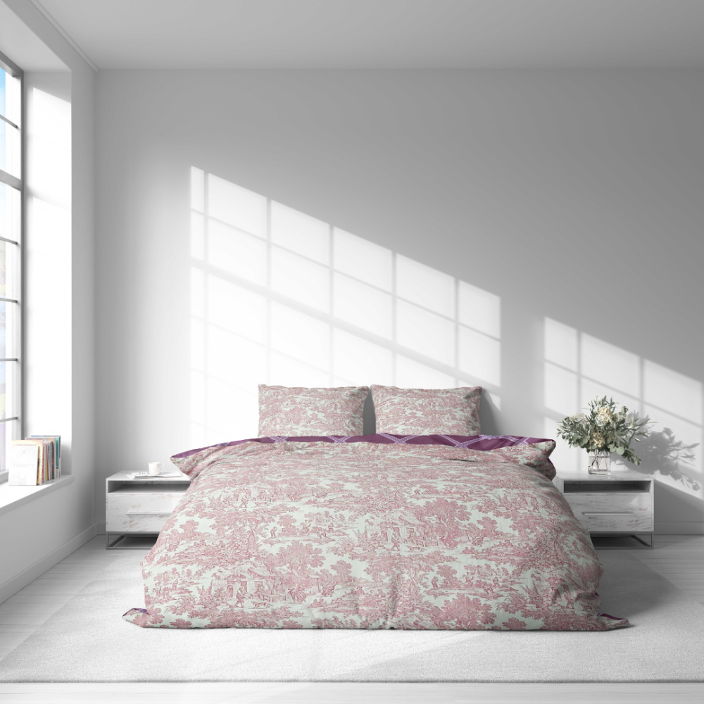 Bedding Set „Fiery“. Purple bedding, 140x200 cm, 200x200 cm, 200x220 cm. A subtle pink “toile” pattern of countryside scenes on a light background.