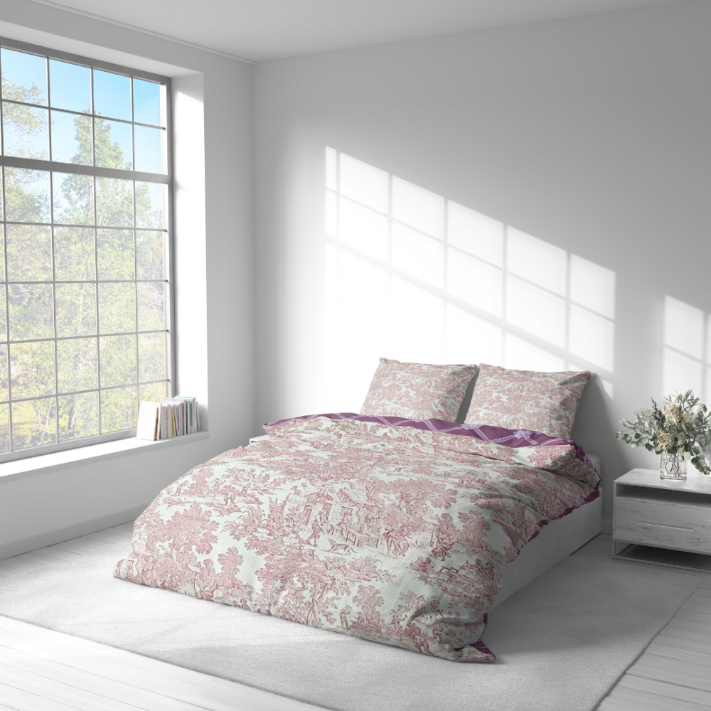 Bedding Set „Fiery“. Purple bedding, 140x200 cm, 200x200 cm, 200x220 cm. Rich composition of deep violet and lavender-toned grid pattern.