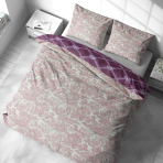 Bedding Set „Fiery“. Purple bedding, 140x200 cm, 200x200 cm, 200x220 cm. The set offers two design options – one featuring a pattern of pink scenes, the other with a rich violet grid.