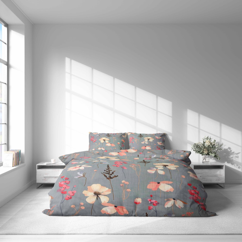 Bedding Set „Fleurine“. Bedding sets 155x200, 140x200 cm, 150x200 cm, 160x200 cm, 180x200 cm, 200x200 cm, 200x220 cm, 220x240 cm. Grey bedding set decorated with pastel floral motifs