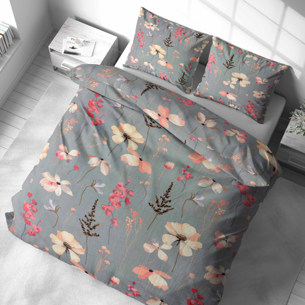 Bedding Set „Fleurine“. Bedding sets 155x200, 140x200 cm, 150x200 cm, 160x200 cm, 180x200 cm, 200x200 cm, 200x220 cm, 220x240 cm. Grey bedding set with watercolor-style flowers and branches