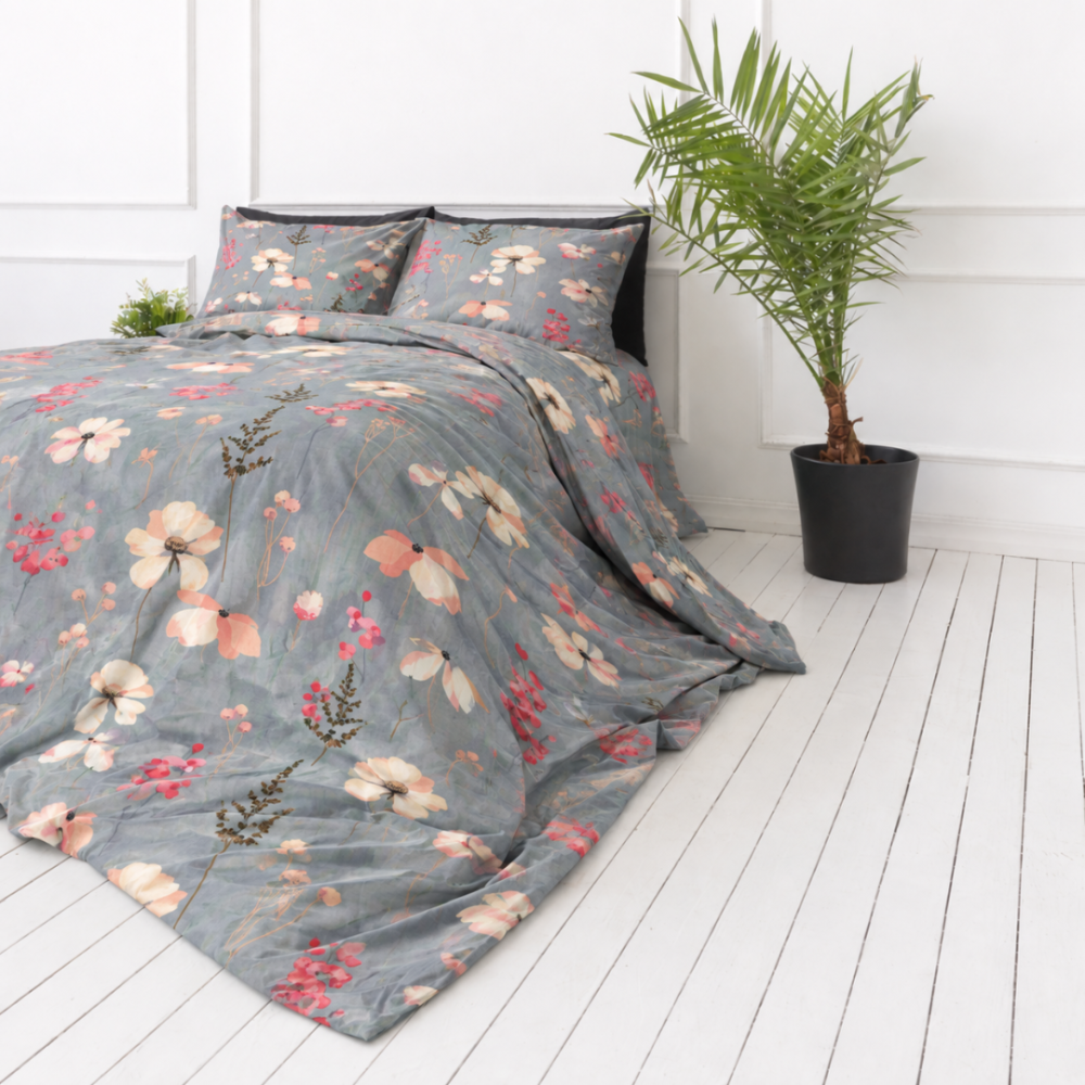 Bedding Set „Fleurine“. Bedding sets 155x200, 140x200 cm, 150x200 cm, 160x200 cm, 180x200 cm, 200x200 cm, 200x220 cm, 220x240 cm. Grey bedding set decorated with pastel floral motifs Bedding Set „Fleurine“. Bedding sets 155x200, 140x200 cm, 150x200 cm, 160x200 cm, 180x200 cm, 200x200 cm, 200x220 cm, 220x240 cm. Grey bedding set decorated with pastel floral motifs