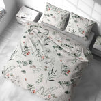 Bedding Set „Florescence“. Green bedding set, 140x200 cm, 200x200 cm, 200x220 cm. Bedding set with a subtle green and red botanical pattern that enriches your bedroom space with softness and tranquility.