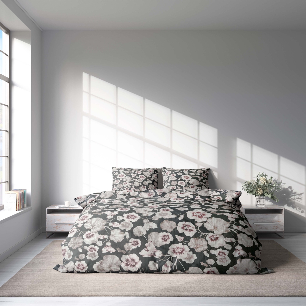 Bedding Set „Floret“. Bedding sets 155x200, 140x200 cm, 150x200 cm, 160x200 cm, 180x200 cm, 200x200 cm, 200x220 cm, 220x240 cm. Sophisticated dark grey bedding set featuring brownish floral motifs.