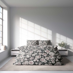 Bedding Set „Floret“. Bedding sets 155x200, 140x200 cm, 150x200 cm, 160x200 cm, 180x200 cm, 200x200 cm, 200x220 cm, 220x240 cm. Sophisticated dark grey bedding set featuring brownish floral motifs.