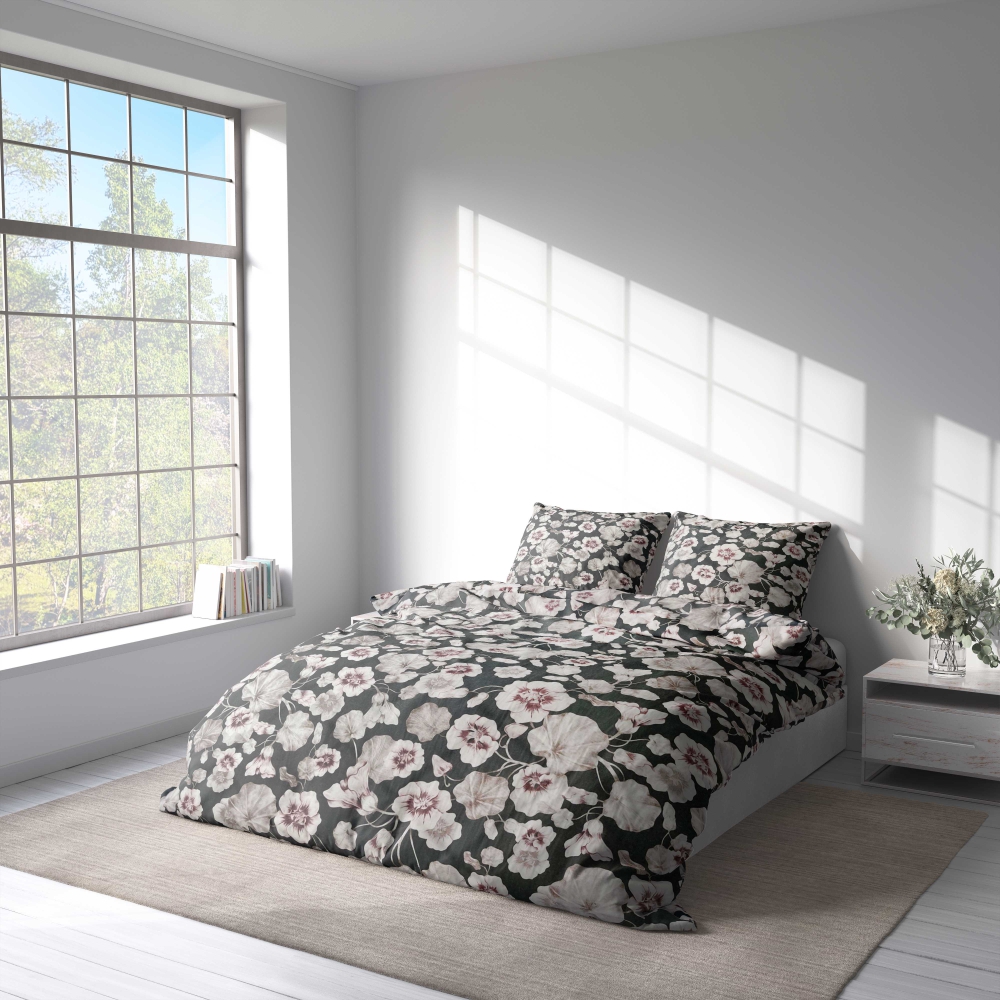 Bedding Set „Floret“. Bedding sets 155x200, 140x200 cm, 150x200 cm, 160x200 cm, 180x200 cm, 200x200 cm, 200x220 cm, 220x240 cm. Stylish dark grey bedding with intricate flower petal design.