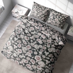 Bedding Set „Floret“. Bedding sets 155x200, 140x200 cm, 150x200 cm, 160x200 cm, 180x200 cm, 200x200 cm, 200x220 cm, 220x240 cm. Chic dark grey bedding adorned with delicate brownish flower petals.