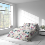 Bedding Set „Flowery Mosaic“. Purple bedding, 140x200 cm, 200x200 cm, 200x220 cm. Bright floral patterns on a white background that bring freshness and vibrancy.