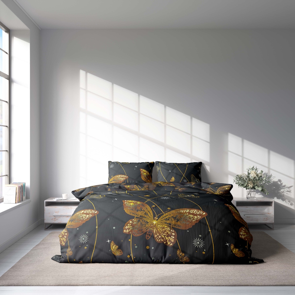 Bedding Set „Flutter“. Bedding sets 155x200, 140x200 cm, 150x200 cm, 160x200 cm, 180x200 cm, 200x200 cm, 200x220 cm, 220x240 cm. Mystical black bedding with vivid orange butterflies dancing among swirling lines.