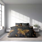 Bedding Set „Flutter“. Bedding sets 155x200, 140x200 cm, 150x200 cm, 160x200 cm, 180x200 cm, 200x200 cm, 200x220 cm, 220x240 cm. Mystical black bedding with vivid orange butterflies dancing among swirling lines.