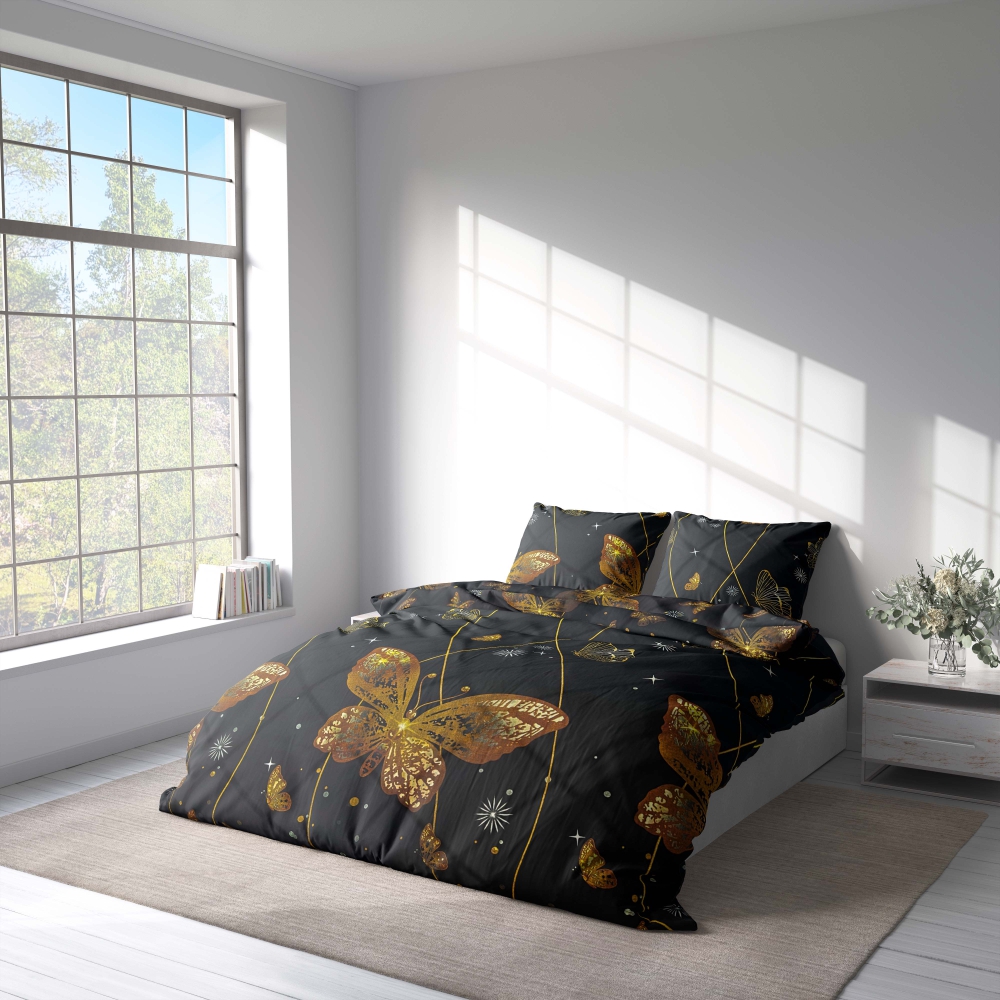 Bedding Set „Flutter“. Bedding sets 155x200, 140x200 cm, 150x200 cm, 160x200 cm, 180x200 cm, 200x200 cm, 200x220 cm, 220x240 cm. Elegant black bedding alive with radiant orange butterflies and playful flickers.