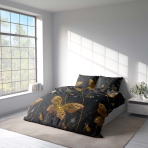 Bedding Set „Flutter“. Bedding sets 155x200, 140x200 cm, 150x200 cm, 160x200 cm, 180x200 cm, 200x200 cm, 200x220 cm, 220x240 cm. Elegant black bedding alive with radiant orange butterflies and playful flickers.