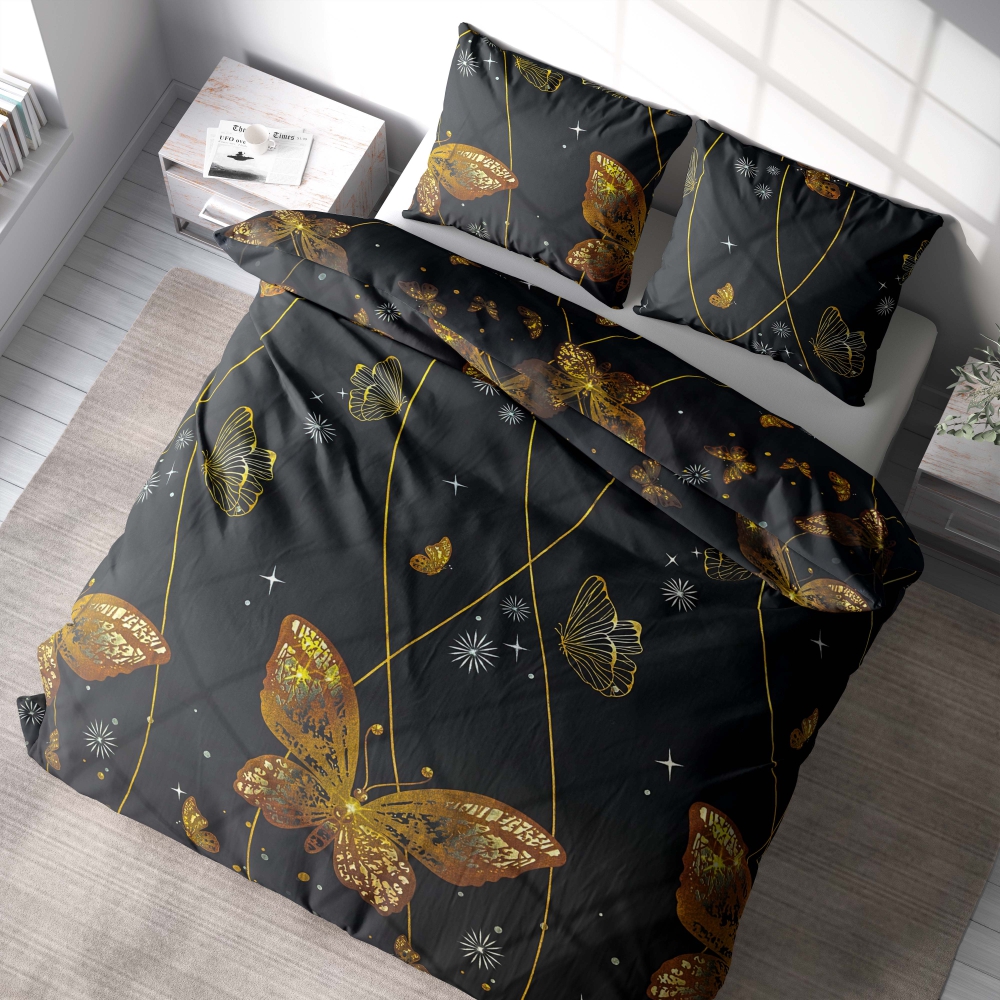 Bedding Set „Flutter“. Bedding sets 155x200, 140x200 cm, 150x200 cm, 160x200 cm, 180x200 cm, 200x200 cm, 200x220 cm, 220x240 cm. Enchanting black bedding adorned with vibrant orange butterflies and graceful curves.