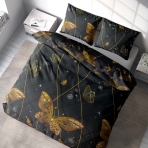 Bedding Set „Flutter“. Bedding sets 155x200, 140x200 cm, 150x200 cm, 160x200 cm, 180x200 cm, 200x200 cm, 200x220 cm, 220x240 cm. Enchanting black bedding adorned with vibrant orange butterflies and graceful curves.