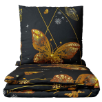 Bedding Set „Flutter“. Bedding sets 155x200, 140x200 cm, 150x200 cm, 160x200 cm, 180x200 cm, 200x200 cm, 200x220 cm, 220x240 cm. Bold black bedding adorned with vibrant orange butterflies and whimsical flickers.