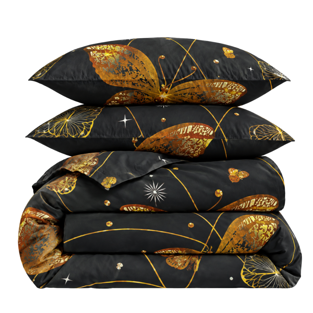 Bedding Set „Flutter“. Bedding sets 155x200, 140x200 cm, 150x200 cm, 160x200 cm, 180x200 cm, 200x200 cm, 200x220 cm, 220x240 cm. Bold black bedding adorned with vibrant orange butterflies and whimsical flickers. Bedding Set „Flutter“. Bedding sets 155x200, 140x200 cm, 150x200 cm, 160x200 cm, 180x200 cm, 200x200 cm, 200x220 cm, 220x240 cm. Bold black bedding adorned with vibrant orange butterflies and whimsical flickers.
