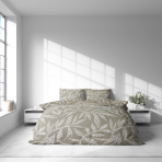 Bedding Set „Folk Harmony“. Bedding sets 135x200, 140x200 cm, 200x200 cm, 200x220 cm. Green and white flowers with an ethnic pattern on a beige bedding set, creating a calm atmosphere.