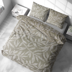 Bedding Set „Folk Harmony“. Bedding sets 135x200, 140x200 cm, 200x200 cm, 200x220 cm. Beige bedding with ethnic patterns and delicate green and white flowers.