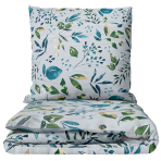 Bedding Set „Forest Breeze“. Bedding sets 155x200, 140x200 cm, 150x200 cm, 160x200 cm, 180x200 cm, 200x200 cm, 200x220 cm, 220x240 cm. Light grey bedding set with a watercolor-style pattern of green and turquoise leaves.