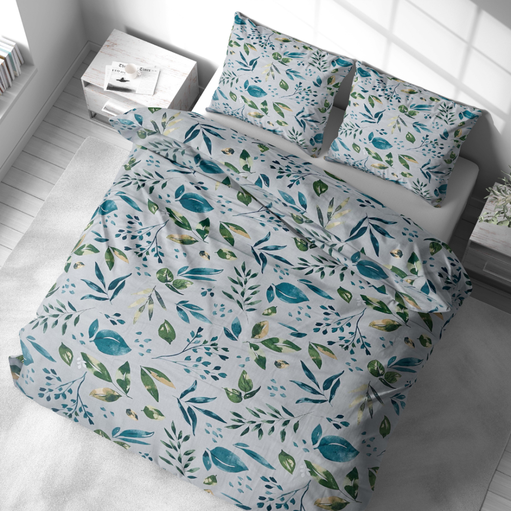 Bedding Set „Forest Breeze“. Bedding sets 155x200, 140x200 cm, 150x200 cm, 160x200 cm, 180x200 cm, 200x200 cm, 200x220 cm, 220x240 cm. Grey bedding set with watercolor foliage pattern motifs.