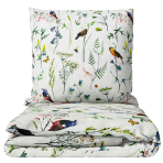 Bedding Set „Song Nest“. Bedding sets 155x200, 140x200 cm, 150x200 cm, 160x200 cm, 180x200 cm, 200x200 cm, 200x220 cm, 220x240 cm. White cotton bedding with bright yellow and blue birds and green grass illustration details.