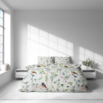 Bedding Set „Song Nest“. Bedding sets 155x200, 140x200 cm, 150x200 cm, 160x200 cm, 180x200 cm, 200x200 cm, 200x220 cm, 220x240 cm. Watercolor-style birds, green branches, and delicate blossoms shine against the background of light white bedding.