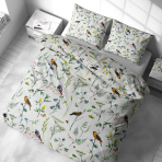 Bedding Set „Song Nest“. Bedding sets 155x200, 140x200 cm, 150x200 cm, 160x200 cm, 180x200 cm, 200x200 cm, 200x220 cm, 220x240 cm. Light cotton with illustrations – yellow bullfinches, blue flowers, and small green leaves in a white composition.