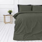 Bedding Set „Forest“. Bedding sets 155x200, 140x200 cm, 150x200 cm, 160x200 cm, 180x200 cm, 200x200 cm, 200x220 cm, 220x240 cm. Plain muted olive green bedding without decorative patterns.