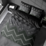 Bedding Set „Freya Olive“. Christmas bedding sets, 140x200 cm, 200x200 cm. Christmas-themed bedding set in dark tones of black, green, and grey, featuring pixeled snowflakes for a festive, modern look.