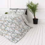 Bedding Set „Garden Bliss“. Patterned bedding sets, 140x200 cm, 200x200 cm, 200x220 cm. Bedding set with a white background, teal leaves and small blooms. Bedding Set „Garden Bliss“. Patterned bedding sets, 140x200 cm, 200x200 cm, 200x220 cm. Bedding set with a white background, teal leaves and small blooms.