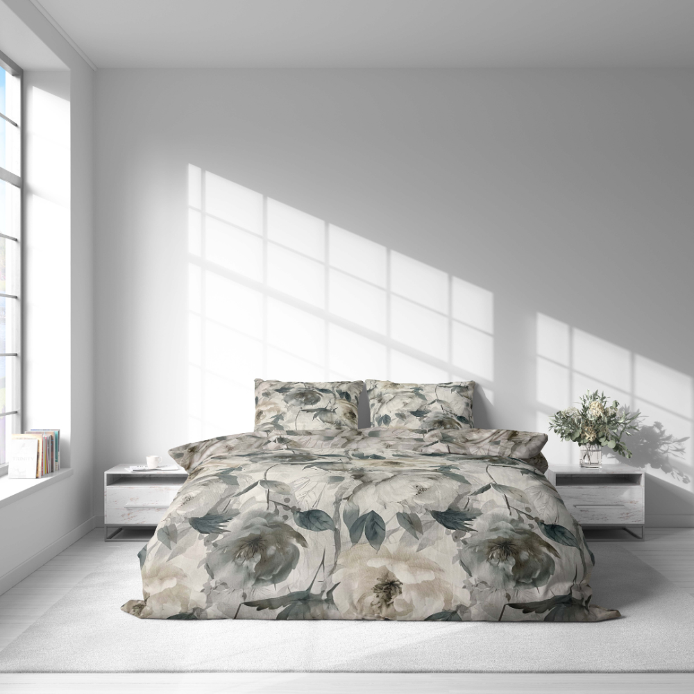 Bedding Set „Gentle Garden“. Gray bedding sets, 140x200 cm, 150x200 cm, 160x200 cm, 180x200 cm, 200x200 cm, 200x220 cm. Bedding design in dark green and beige hues