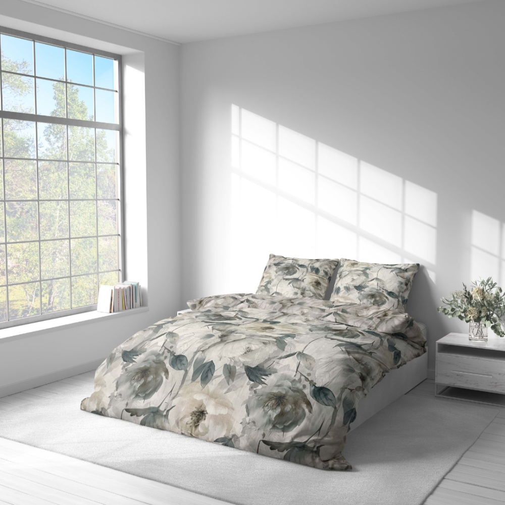 Bedding Set „Gentle Garden“. Gray bedding sets, 140x200 cm, 150x200 cm, 160x200 cm, 180x200 cm, 200x200 cm, 200x220 cm. Elegant floral bedding in calming earthy tones