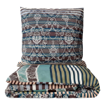 Bedding Set „Glimmer“. Bedding sets 135x200, 140x200 cm, 150x200 cm, 160x200 cm, 180x200 cm, 200x200 cm, 200x220 cm. Dark bedding set with horizontal lines in coral, grey, turquoise, black, and light color ornaments.
