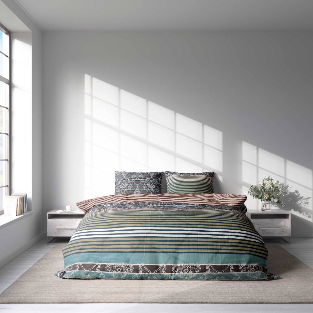 Bedding Set „Glimmer“. Bedding sets 135x200, 140x200 cm, 150x200 cm, 160x200 cm, 180x200 cm, 200x200 cm, 200x220 cm. Elegant bedding set with a dark base, highlighted by horizontal lines in various colors and delicate light ornaments.
