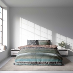 Bedding Set „Glimmer“. Bedding sets 135x200, 140x200 cm, 150x200 cm, 160x200 cm, 180x200 cm, 200x200 cm, 200x220 cm. Elegant bedding set with a dark base, highlighted by horizontal lines in various colors and delicate light ornaments.