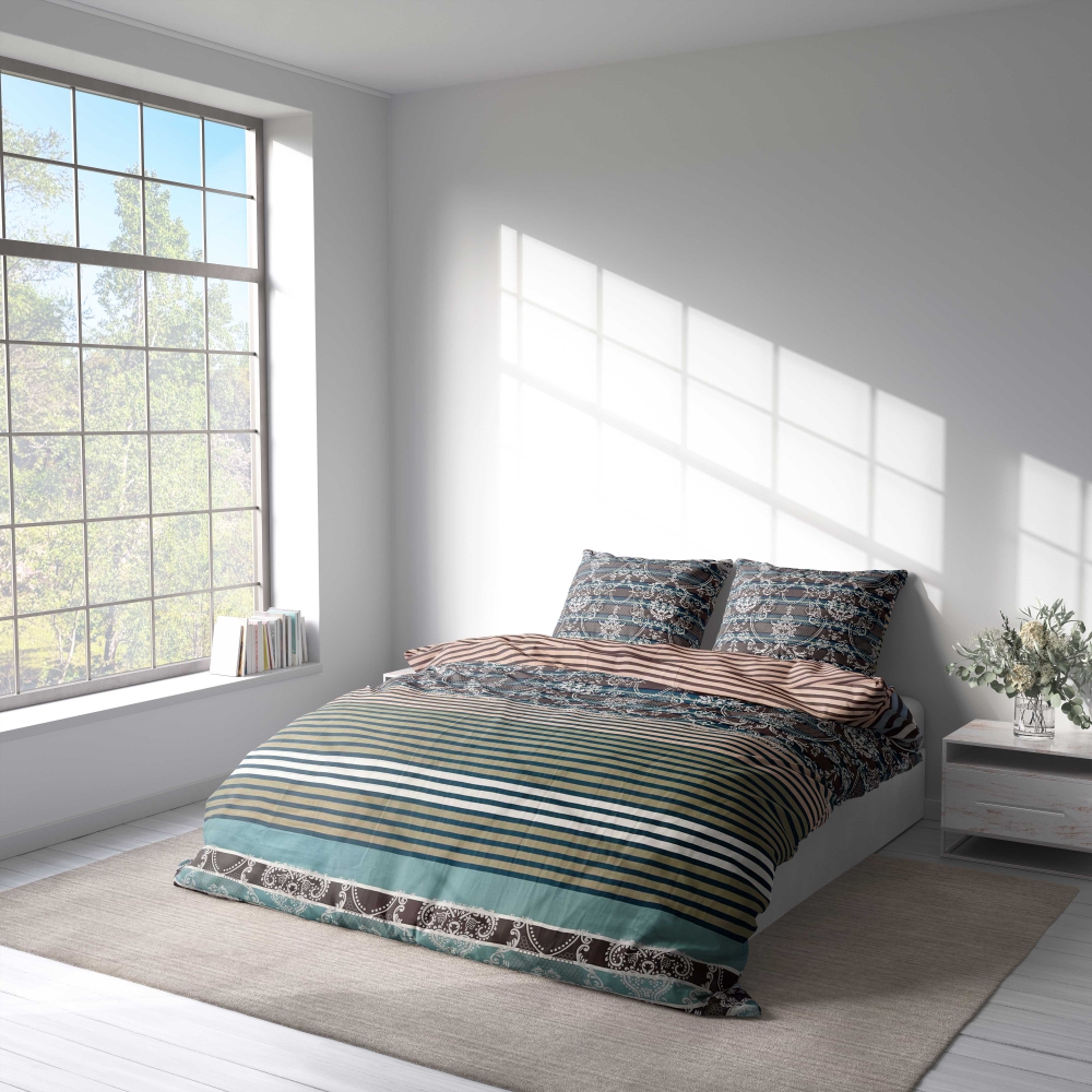 Bedding Set „Glimmer“. Bedding sets 135x200, 140x200 cm, 150x200 cm, 160x200 cm, 180x200 cm, 200x200 cm, 200x220 cm. Sophisticated dark bedding set adorned with coral, grey, turquoise, black lines, and intricate light-colored ornaments.