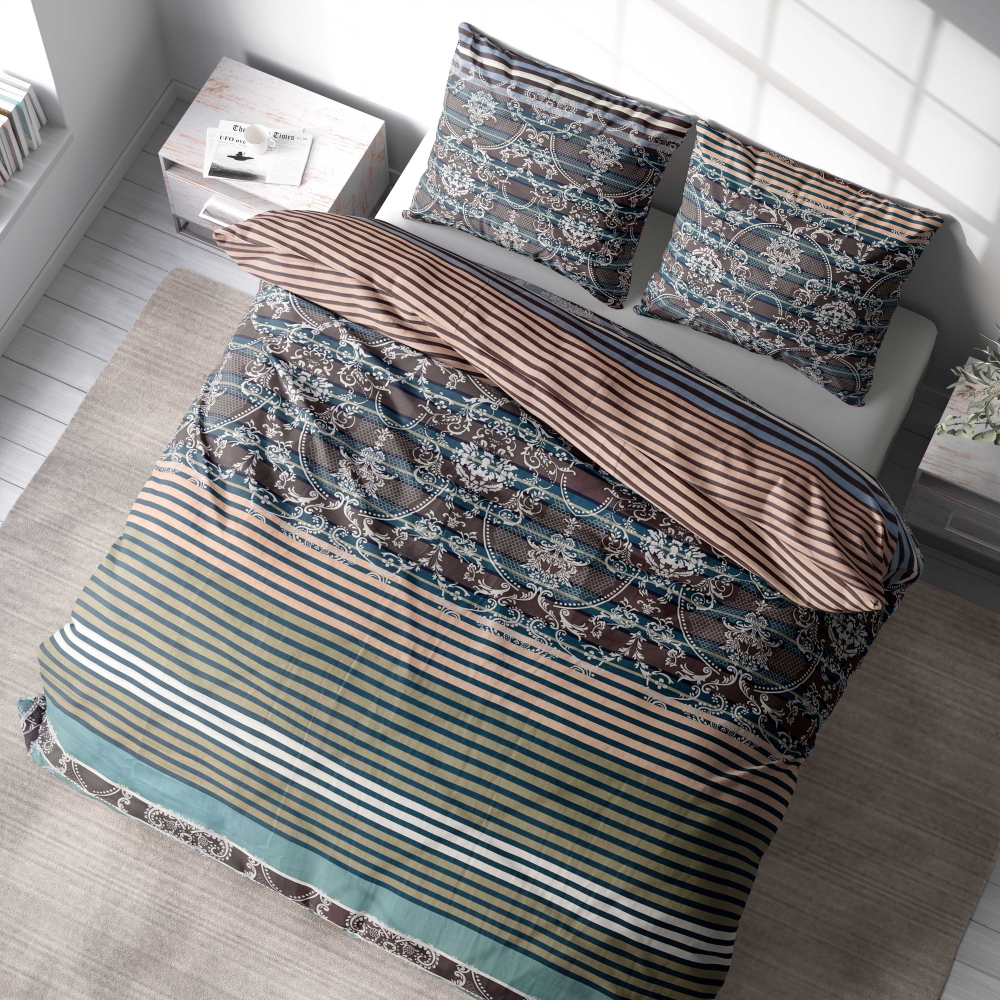 Bedding Set „Glimmer“. Bedding sets 135x200, 140x200 cm, 150x200 cm, 160x200 cm, 180x200 cm, 200x200 cm, 200x220 cm. Bedding set on dark background, featuring coral, grey, turquoise, and black lines with light ornaments.