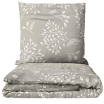 Bedding Set „Grandiflora“. Gray bedding sets, 140x200 cm, 200x200 cm, 200x220 cm. The design of the bedding set features a grey background with small white botanical ornaments – branches and leaves.
