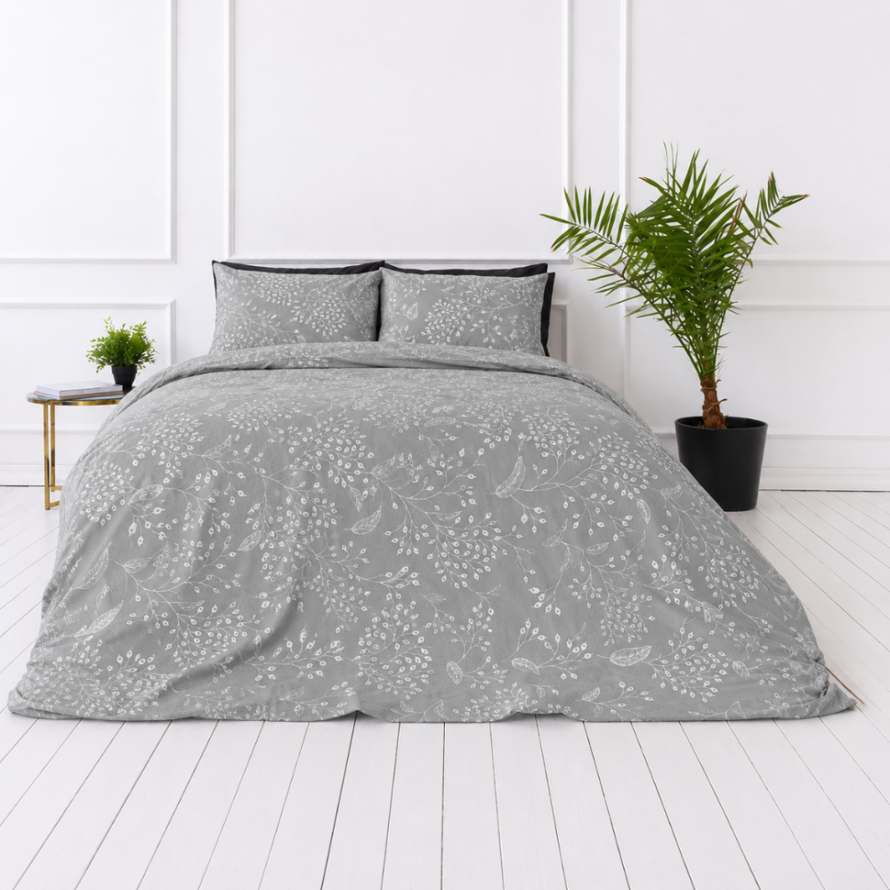 Bedding Set „Grandiflora“. Gray bedding sets, 140x200 cm, 200x200 cm, 200x220 cm. The composition is dominated by subtle white botanical accents on a grey background, giving the pattern an elegant lightness. Bedding Set „Grandiflora“. Gray bedding sets, 140x200 cm, 200x200 cm, 200x220 cm. The composition is dominated by subtle white botanical accents on a grey background, giving the pattern an elegant lightness.