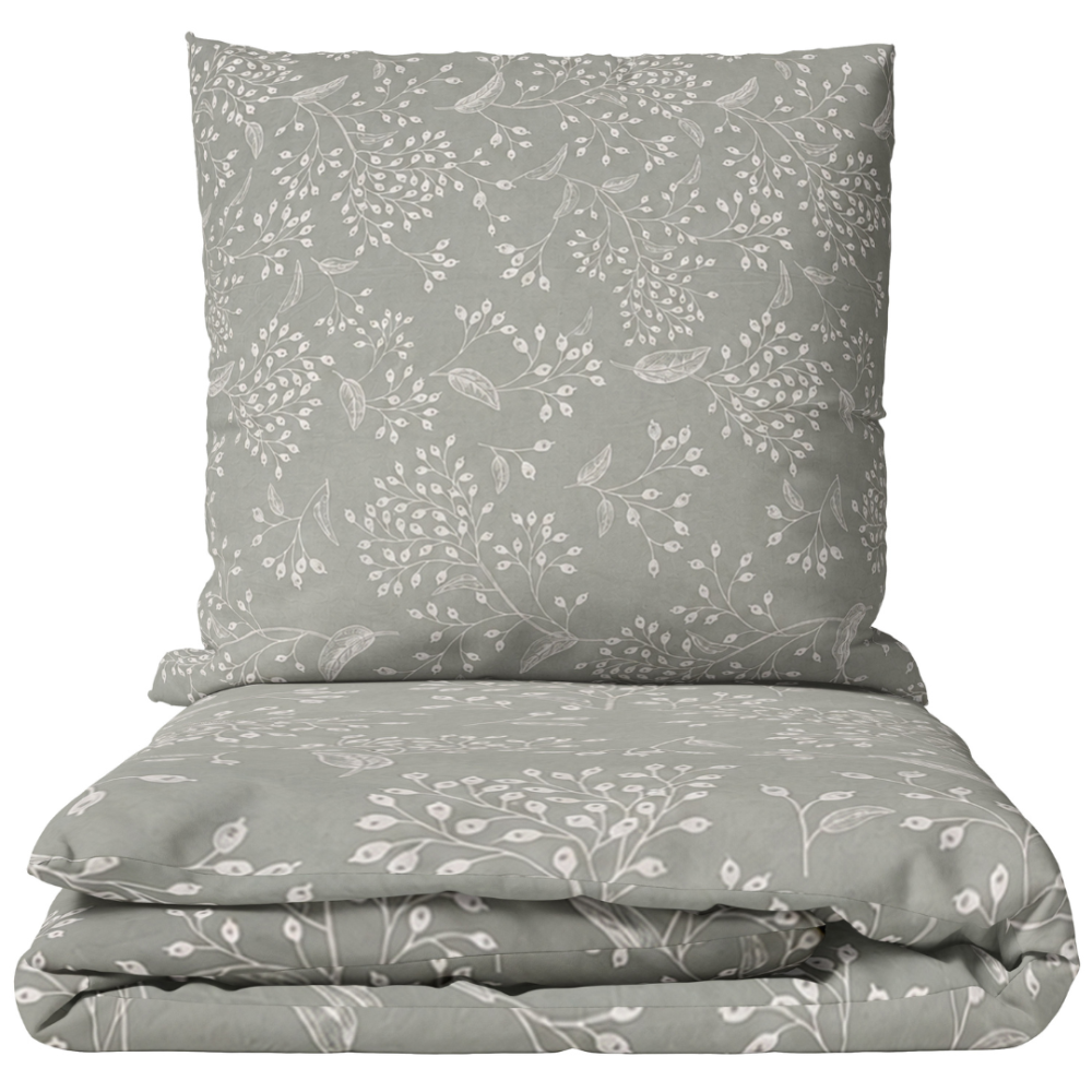 Bedding Set „Grandiflora“. Gray bedding sets, 140x200 cm, 200x200 cm, 200x220 cm. The design of the bedding set features a grey background with small white botanical ornaments – branches and leaves. Bedding Set „Grandiflora“. Gray bedding sets, 140x200 cm, 200x200 cm, 200x220 cm. The design of the bedding set features a grey background with small white botanical ornaments – branches and leaves.
