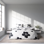 Bedding Set „Black Flowers“. Patterned bedding sets, 140x200 cm, 150x200 cm, 160x200 cm, 180x200 cm, 200x200 cm, 200x220 cm. Black and white bedding set with playful blooms