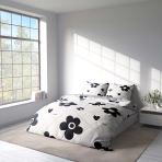 Bedding Set „Black Flowers“. Patterned bedding sets, 140x200 cm, 150x200 cm, 160x200 cm, 180x200 cm, 200x200 cm, 200x220 cm. Bold contrast bedding design with flowers