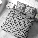 Bedding Set „Grey Retro Rings“. Bedding sets 155x200, 140x200 cm, 150x200 cm, 160x200 cm, 180x200 cm, 200x200 cm, 200x220 cm, 220x240 cm. Modern monochrome design with overlapping black arcs on white bedding