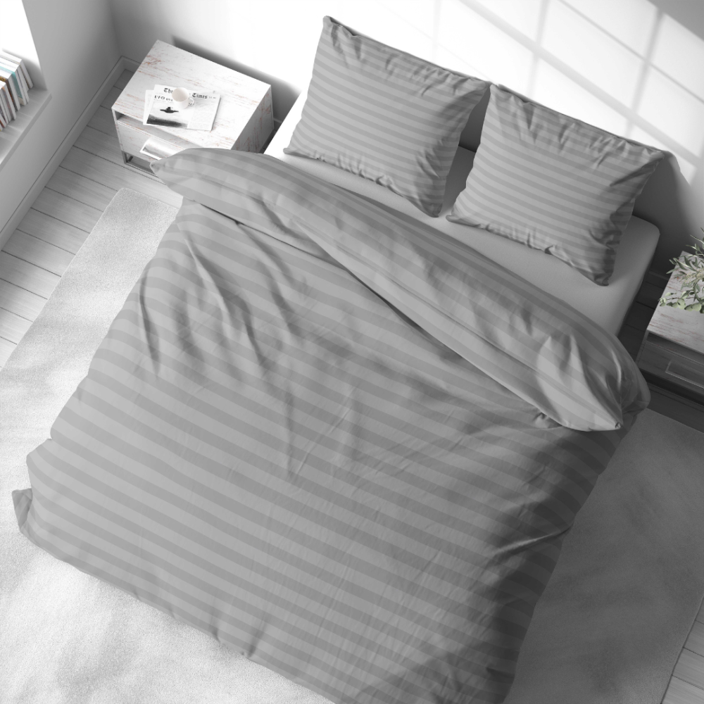 Bedding Set „Grey Stripes“. Bedding sets 135x200, 140x200 cm, 150x200 cm, 160x200 cm, 180x200 cm, 200x200 cm, 200x220 cm. Bedding set in a soft grey color with a classic stripes pattern, perfect for a sophisticated and cozy bedroom.