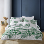 Bedding Set „Harley Green“. Green bedding set, 140x200 cm, 200x200 cm, 200x220 cm. Bedding set in white color with delicate green leaves, creating a fresh and calming ambiance for your bedroom.