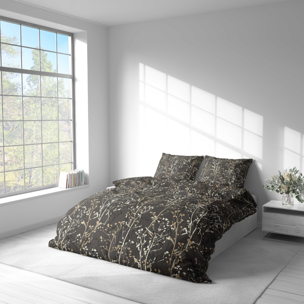 Bedding Set „Hidden Branches“. Bedding sets 155x200, 140x200 cm, 150x200 cm, 160x200 cm, 180x200 cm, 200x200 cm, 200x220 cm. Black-brown bedding set with subtle nature-inspired design.