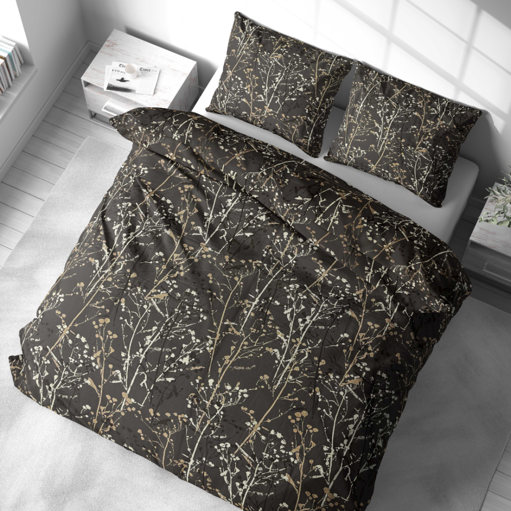 Bedding Set „Hidden Branches“. Bedding sets 155x200, 140x200 cm, 150x200 cm, 160x200 cm, 180x200 cm, 200x200 cm, 200x220 cm. Elegant dark-toned bedding set with branch pattern.