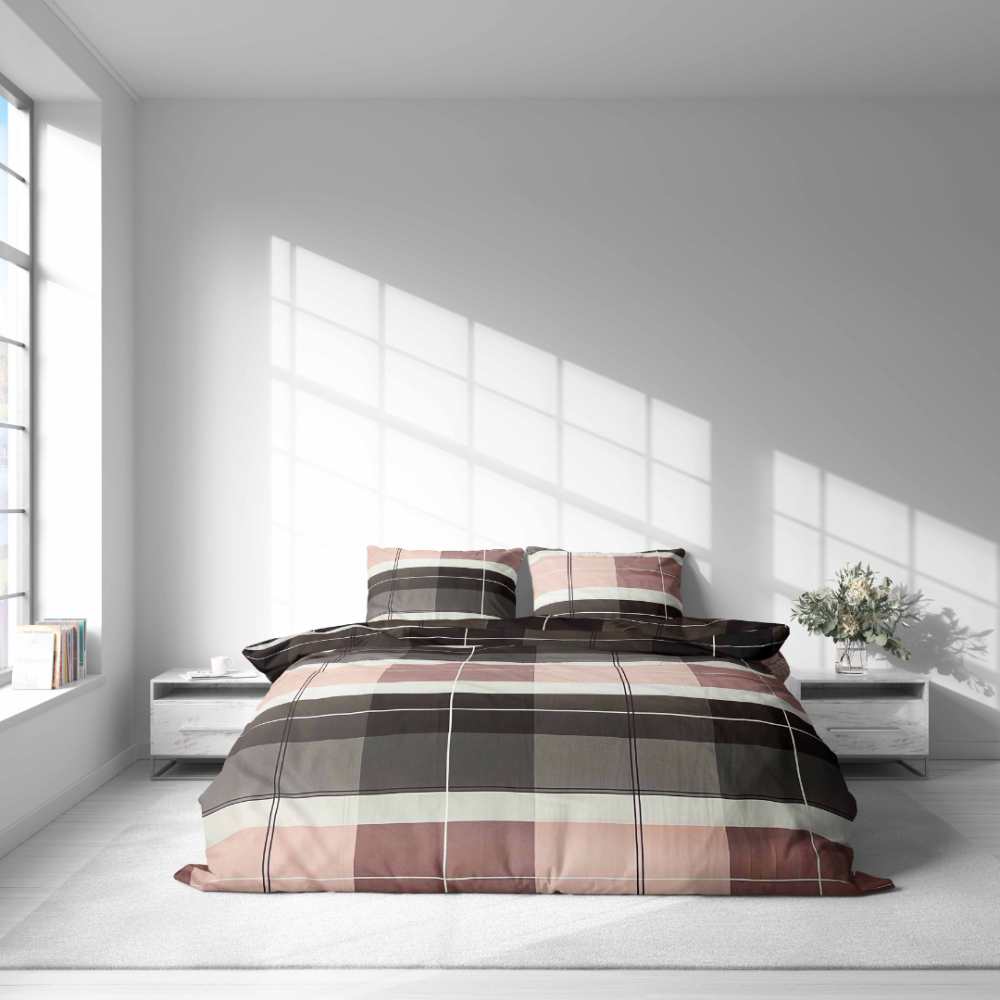 Bedding Set „Home Story“. Bedding sets 135x200, 140x200 cm, 200x200 cm, 200x220 cm. Grey, dark grey, and brown bedding set with a unique tile pattern in different shades, adding depth and style to your room.