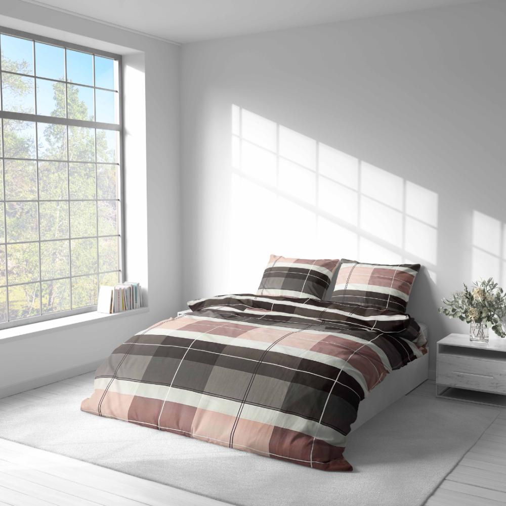 Bedding Set „Home Story“. Bedding sets 135x200, 140x200 cm, 200x200 cm, 200x220 cm. Tile-designed bedding set in grey, dark grey, and brown hues, bringing a textured and modern feel to your space.