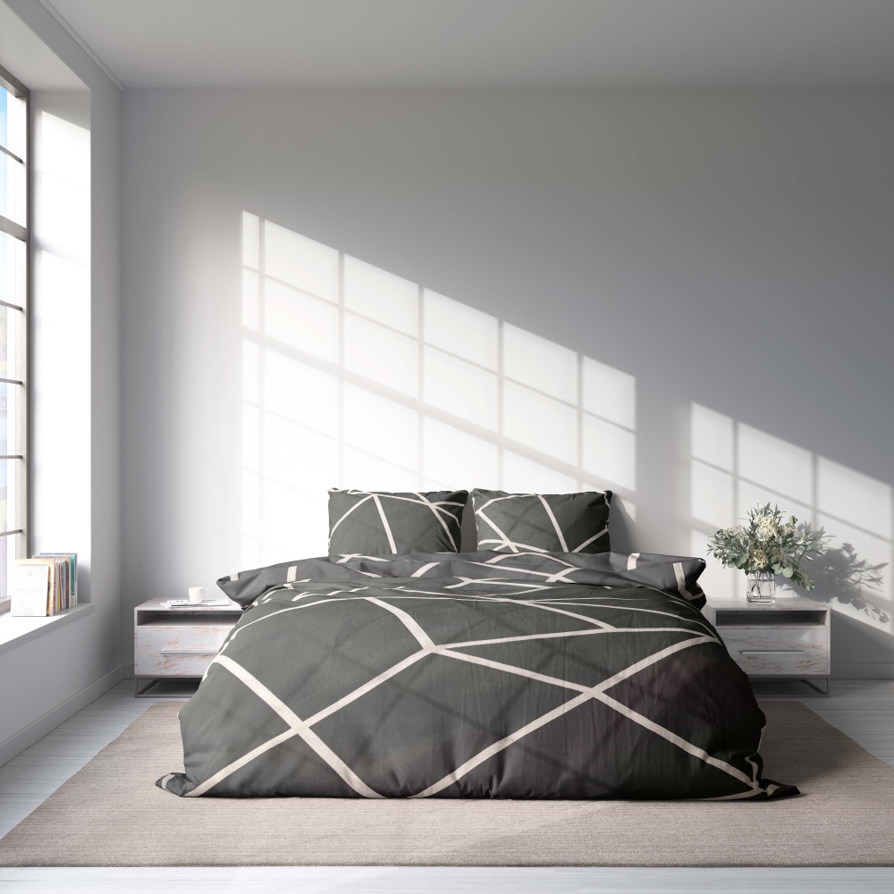 Bedding Set „Infiniel“. Bedding sets 135x200, 140x200 cm, 160x200 cm, 200x200 cm, 200x220 cm, 220x240 cm. Close-up of dark grey bedding with intersecting white lines, showcasing the dynamic and artistic pattern.